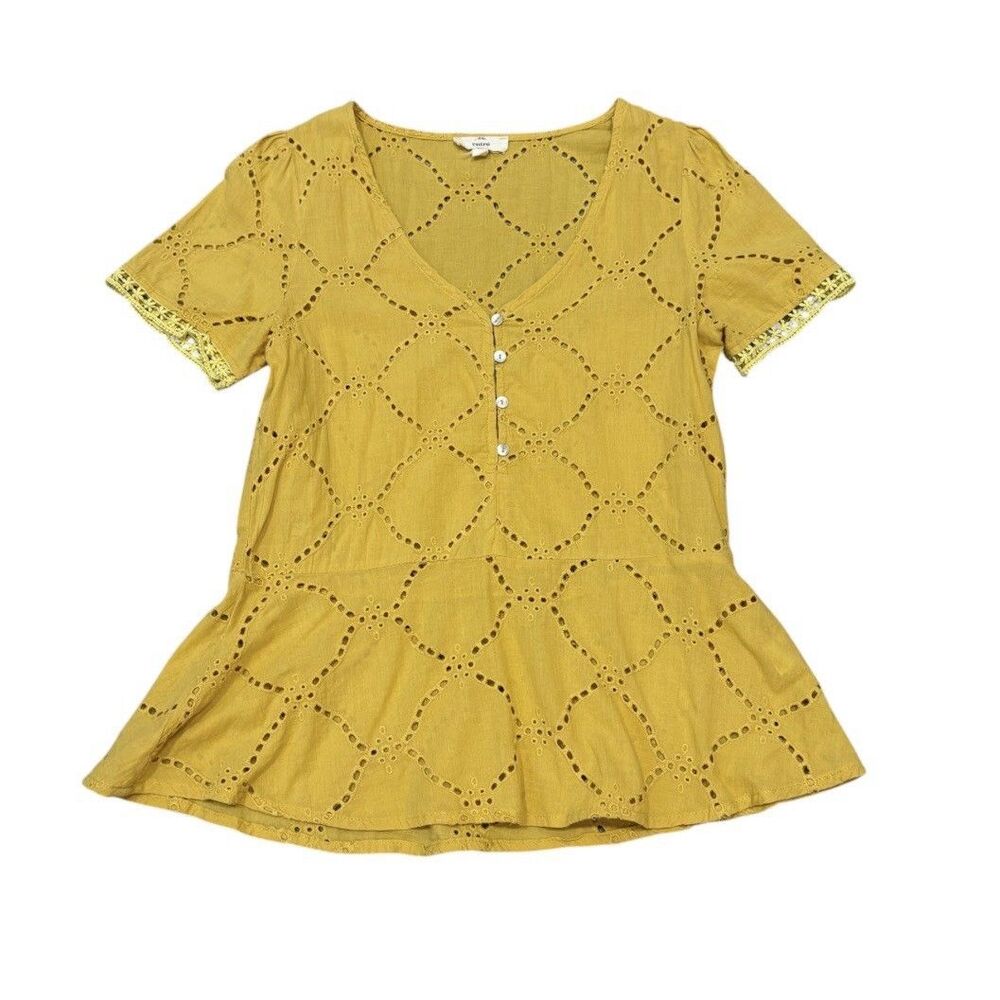 Entro Yellow Eyelet Button Front Peplum Top Size S